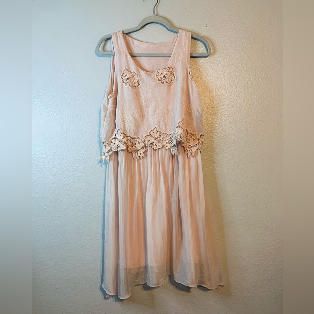 Women’s Pink Silk  & Cotton + Lace Details Scalloped Neckline Overlay Dress